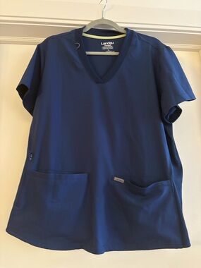 Two Landau Navy V-Neck Scrub Top with Lime Trim (Lot of 2)